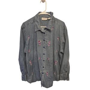 Vintage Lemon Grass Floral Chambray Denim Button up‎ shirt 22W Oversized Classic